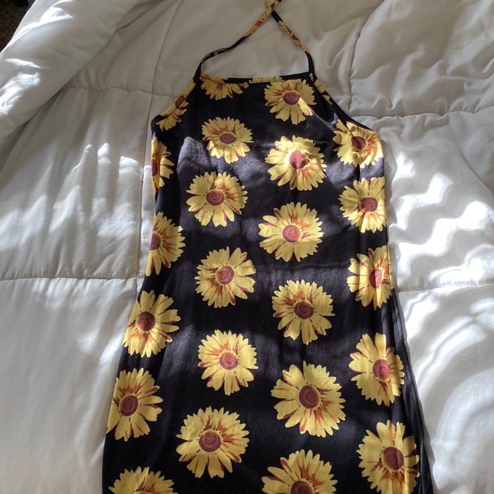 Medium sun dress, black with sunflowers